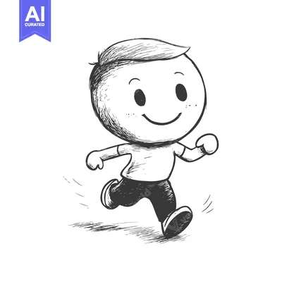 Aset premium populer: A Hand-Drawn Sketch of a Smiling Boy Running