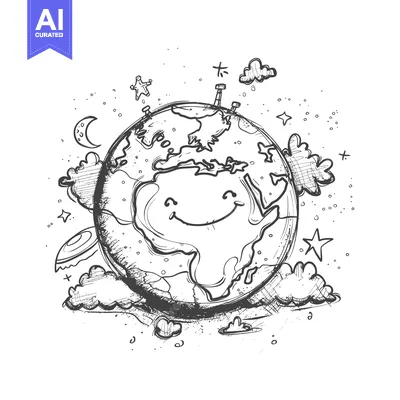 Aset premium populer: A Hand-Drawn Sketch of a Smiling Earth with Stars and Clouds
