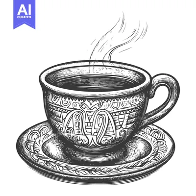 Aset premium populer: A Hand-Drawn Sketch of a Steaming Mug with Intricate Design