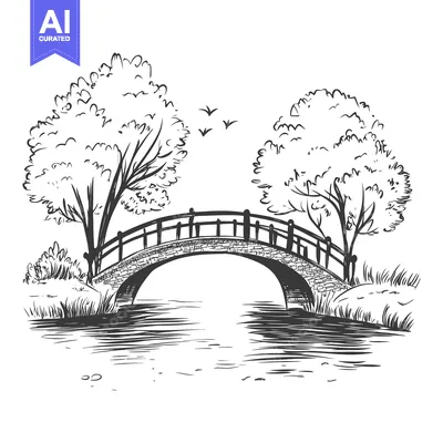 Aset premium populer: A Hand-Drawn Sketch of a Stone Bridge Over a River, Flanked by Lush Tr