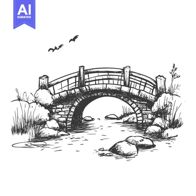 Aset premium populer: A Hand-Drawn Sketch of a Stone Bridge Over a Stream
