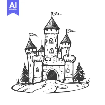 Premium design asset: A Hand-Drawn Sketch of a Stone Castle with Three Towers and a Drawbrid