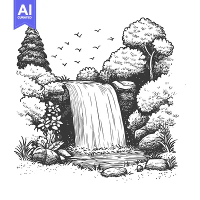 Aset desain premium: A Hand-Drawn Sketch of a Waterfall Cascading Through Lush Greenery