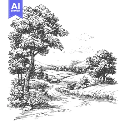 Aset premium populer: A Hand-Drawn Sketch of a Winding Path Through a Lush Forest with Rolli