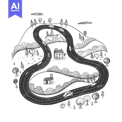 Popular premium asset: A Hand-Drawn Sketch of a Winding Road Through a Countryside Landscape