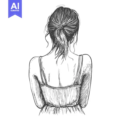Aset desain premium: A hand-drawn sketch of a woman's back in a dress with her hair in a po