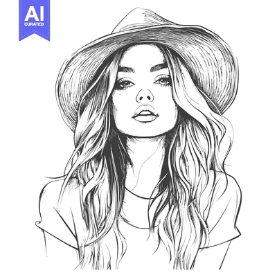 Aset premium populer: A hand-drawn sketch of a woman with long hair and a hat