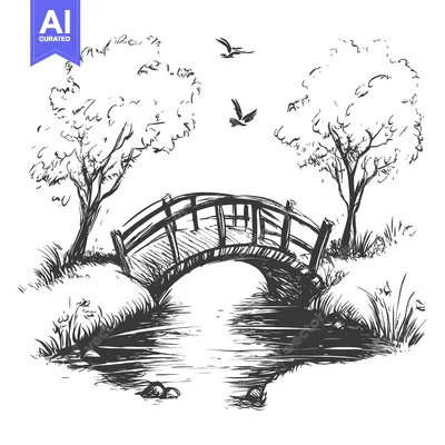 Aset premium populer: A Hand-Drawn Sketch of a Wooden Bridge Over a Stream, Surrounded by Tr