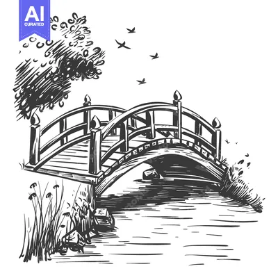 Aset premium populer: A Hand-Drawn Sketch of a Wooden Bridge over a Stream with Birds Flying