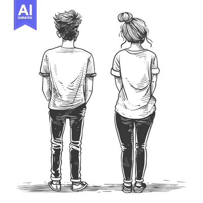 Aset desain premium: A Hand-Drawn Sketch of a Young Couple Standing Back-to-Back