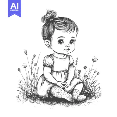 A Hand-Drawn Sketch of a Young Girl Sitting in Grass with Flowers