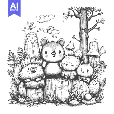 Aset desain premium: A Hand-Drawn Sketch of Cute Animals in a Whimsical Forest Setting