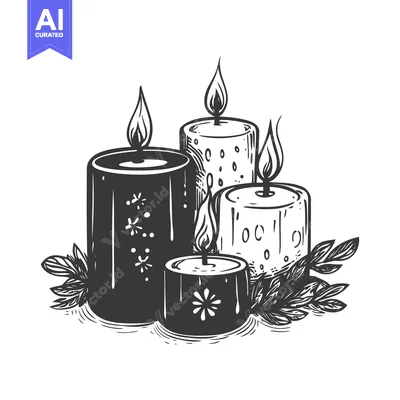 Aset desain premium: A Hand-Drawn Sketch of Three Lit Candles with Floral Accents