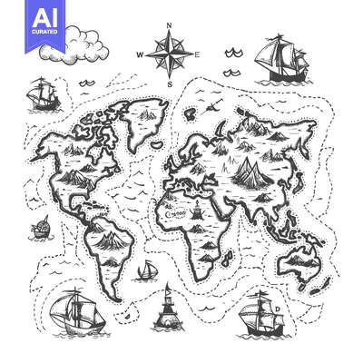 Aset premium populer: A hand-drawn world map with ships, a compass, and dashed lines represe