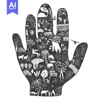 Aset desain premium: A Hand-Shaped Illustration Filled with Various Animals and Plants