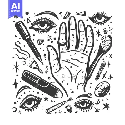 Aset desain premium: A Hand Surrounded by Cosmetic Products and Eyes