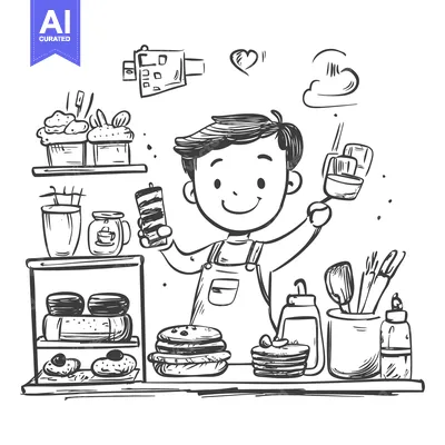 Popular premium asset: A Happy Baker Holding a Cake in Front of His Bakery Display