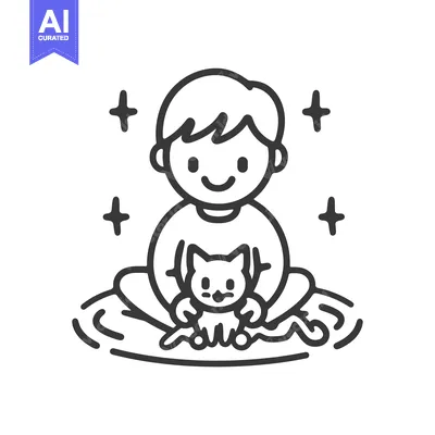 Aset desain premium: A Happy Boy Sitting With His Pet Cat