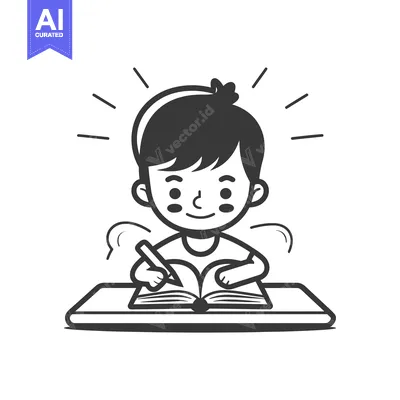 Aset desain premium: A Happy Boy Writing in a Notebook with a Pencil