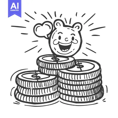 Aset desain premium: A Happy Cartoon Coin With a Heart-Shaped Speech Bubble on Top of a Sta