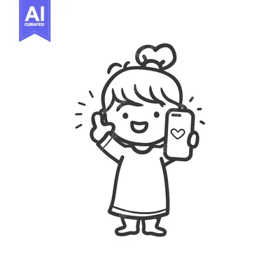 Aset desain premium: A Happy Cartoon Girl Holding a Smartphone with a Heart