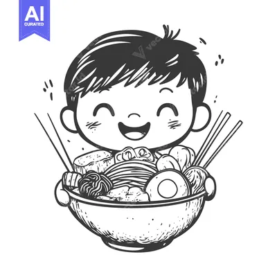 Aset desain premium: A Happy Child Holding a Bowl of Noodle Soup