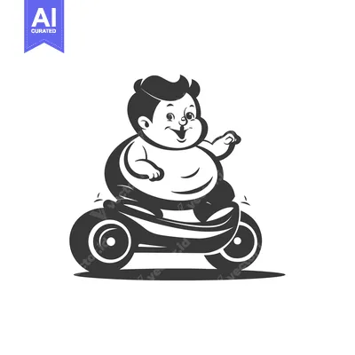 Premium design asset: A happy chubby boy riding a tricycle with a big smile
