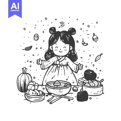 Aset desain premium: A Happy Girl in Traditional Korean Clothing Surrounded by Autumnal Foo