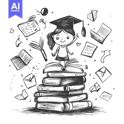 Premium design asset: A Happy Graduate Standing on a Stack of Books with Papers and a Mortar