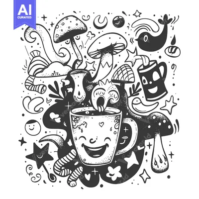 Popular premium asset: A Happy Smiling Mug Surrounded by Mushrooms, Stars, and Other Whimsica