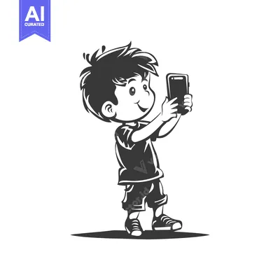Aset premium populer: A happy young boy taking a selfie with a smartphone
