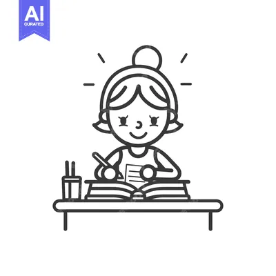 Aset desain premium: A happy young girl studying at her desk with a book and pen