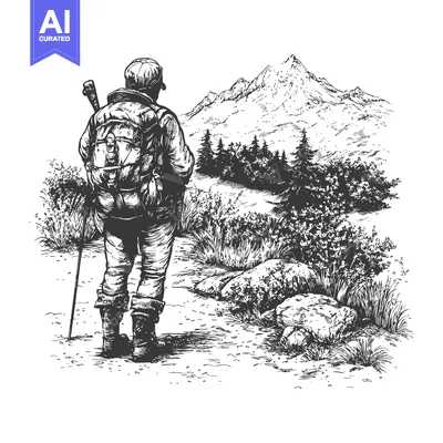 Aset desain premium: A Hiker Standing on a Trail, Gazing at a Mountain Peak
