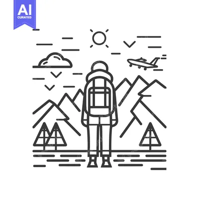 Aset desain premium: A hiker with a backpack standing in front of mountains and a plane fly