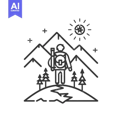 Aset desain premium: A hiker with a backpack standing on a mountaintop
