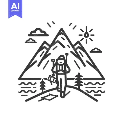 Premium design asset: A hiker with a backpack walks on a path in front of mountains, clouds,