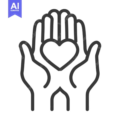 Outlined hands cradling and protecting a heart shaped symbol within