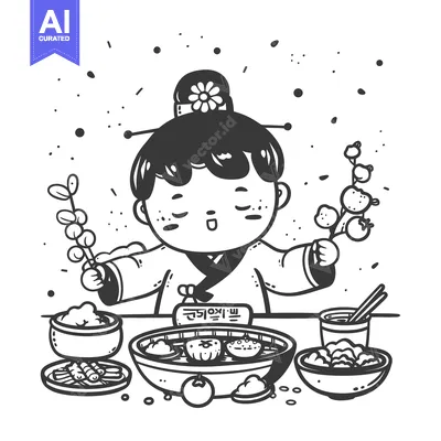 Aset premium populer: A Cartoon Illustration of a Person in Traditional Korean Clothing Enjo