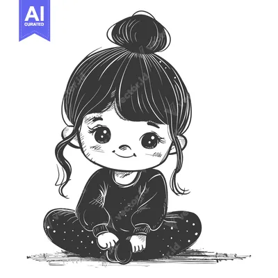 A cartoon illustration of a young girl with black hair in a bun, weari