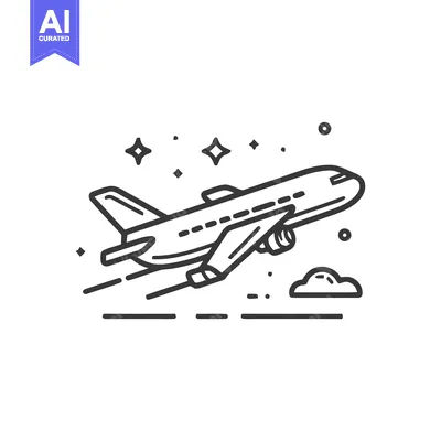 Aset desain premium: Airplane Taking Off, Line Art Style, Stars and Cloud