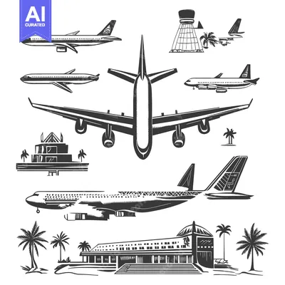 Aset desain premium: Airplane and Airport Silhouette Illustration