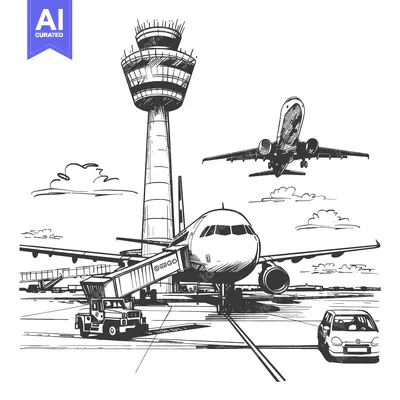 Premium design asset: Airplane at Airport Gate with Control Tower and Cars
