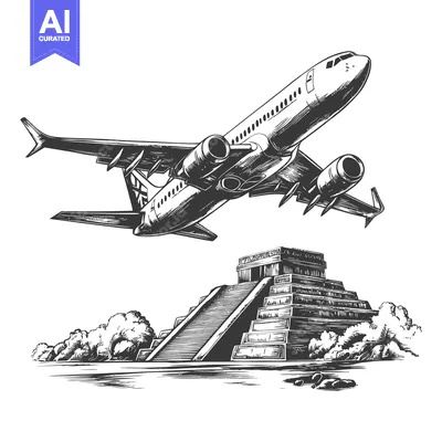 Airplane Flying Over Ancient Mayan Pyramid