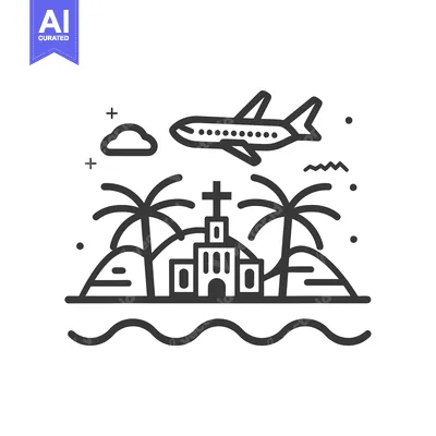 Airplane Flying Over Tropical Island with Church
