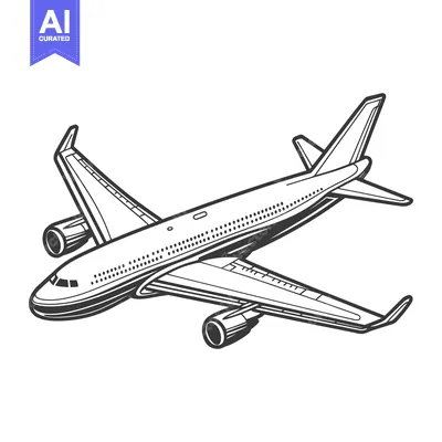 Aset premium populer: A black and white drawing of an airplane in midflight