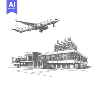Aset premium populer: Airplane approaching modern airport terminal building