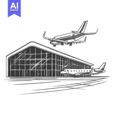 Airport terminal building with airplanes landing and parked