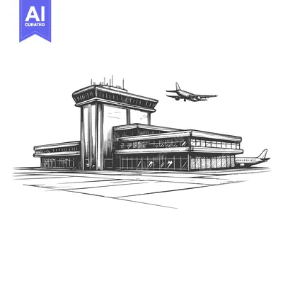 Airport terminal building with control tower and airplanes