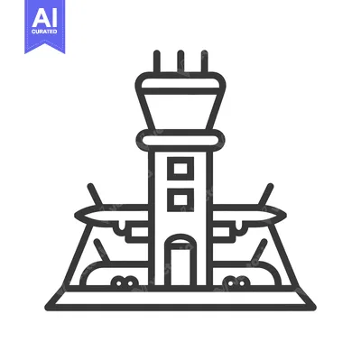 Aset desain premium: A stylized illustration of an airport control tower and airplanes