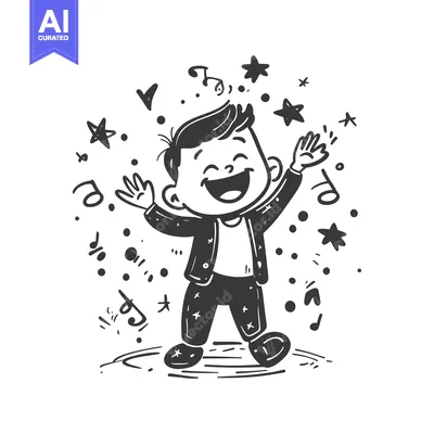 Premium design asset: A joyful boy dancing with music notes and stars around him